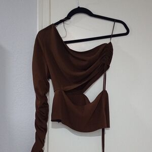 Zara Brown One-Shoulder Blouse Size S